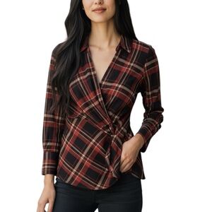Laundry By Shelli Segal Red and Black Plaid Fitted Wrap Shirt Size XS